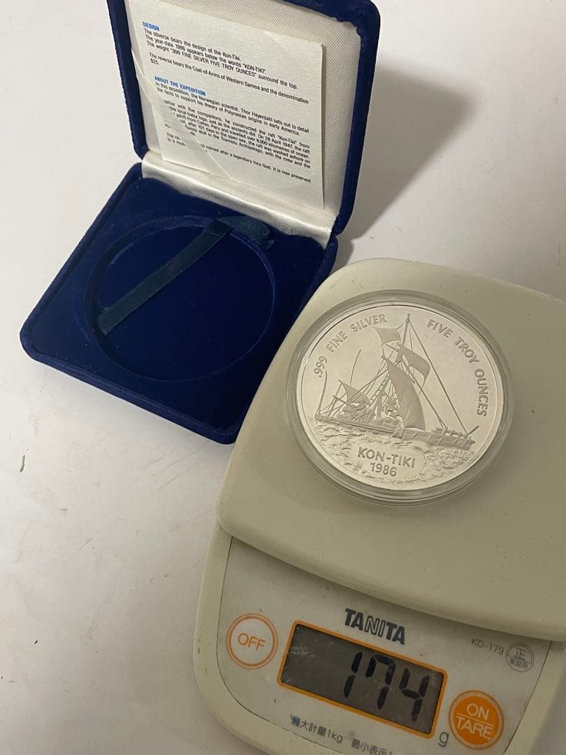 美品　サモア コントキ号 銀貨 1986年 $25　5トロイオンス