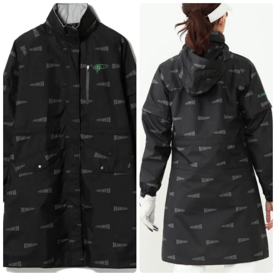 極美品　ビームスゴルフ　2WAY レインコート 2　ロゴ　総柄　ブラック　フード