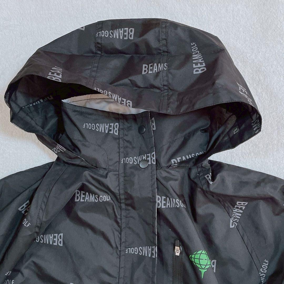 極美品　ビームスゴルフ　2WAY レインコート 2　ロゴ　総柄　ブラック　フード