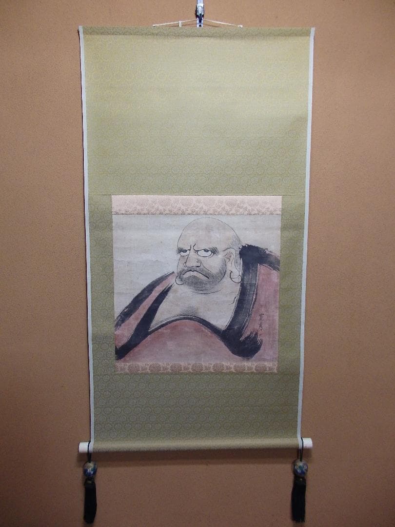 日本画家　吉原芳仙の若書き『寛秀・達磨図』茶掛け　紙本(大和和紙)直筆保証