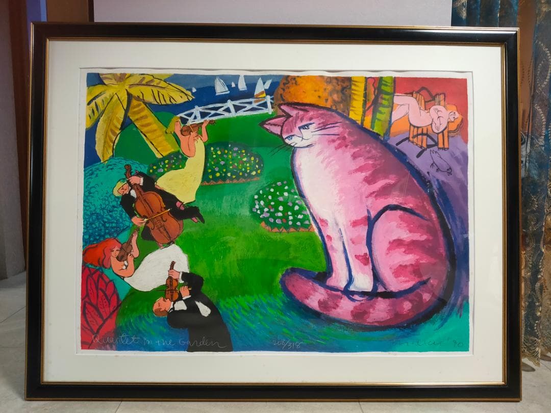 【真作】Michael Leu　マイケル・ルー　リトグラフ　直筆サイン　猫