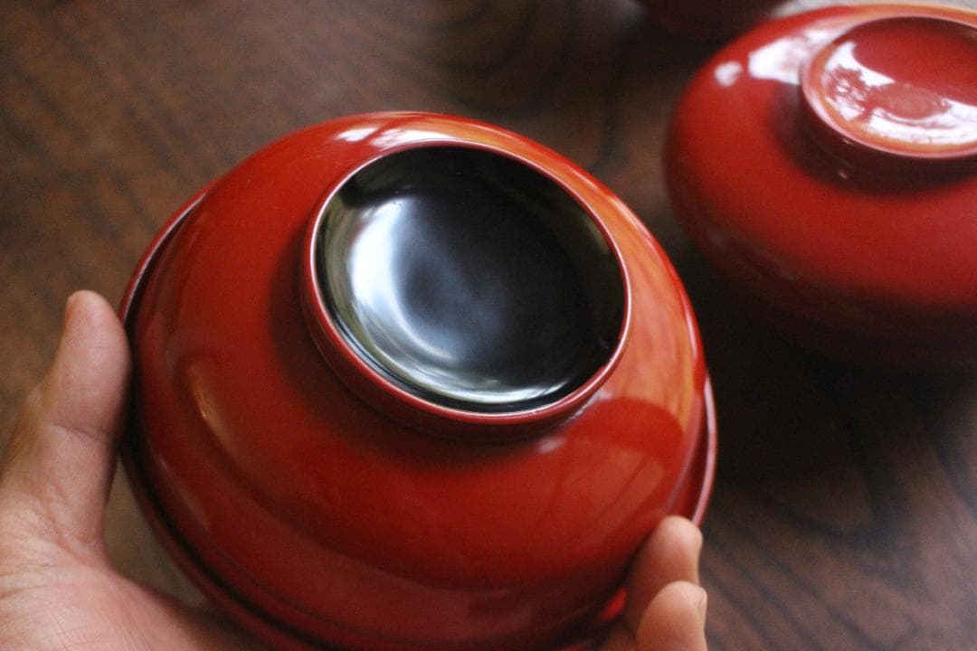 デッドストック！時代朱漆の美しい平椀＆壺椀セット（検輪島塗懐石椀茶道具