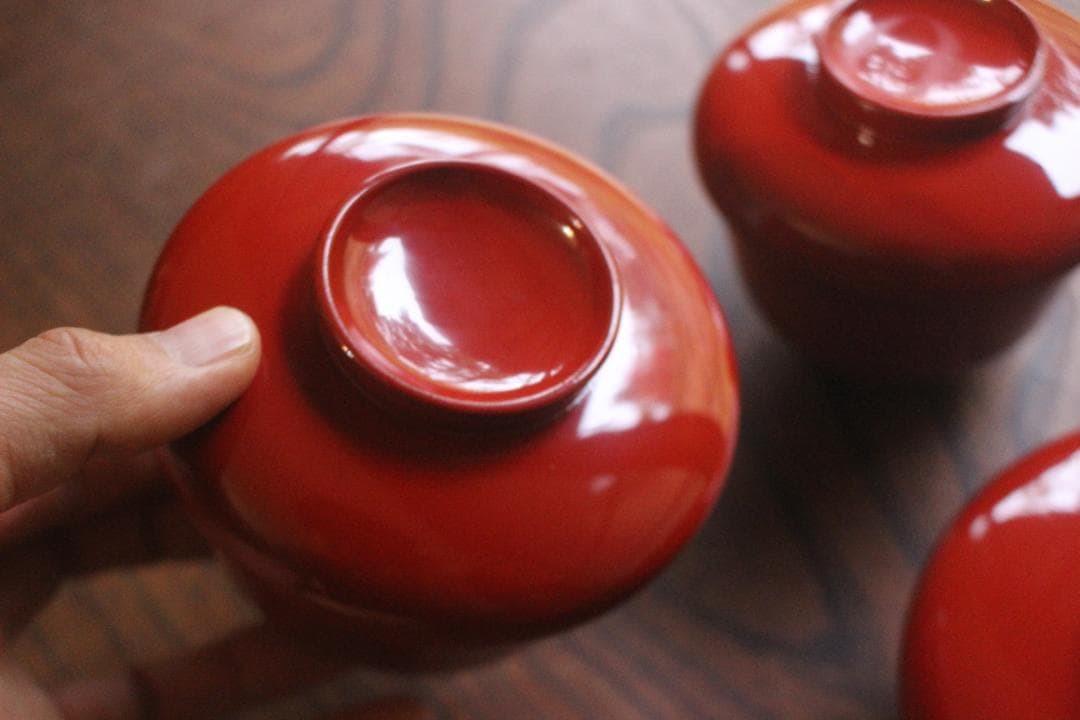 デッドストック！時代朱漆の美しい平椀＆壺椀セット（検輪島塗懐石椀茶道具