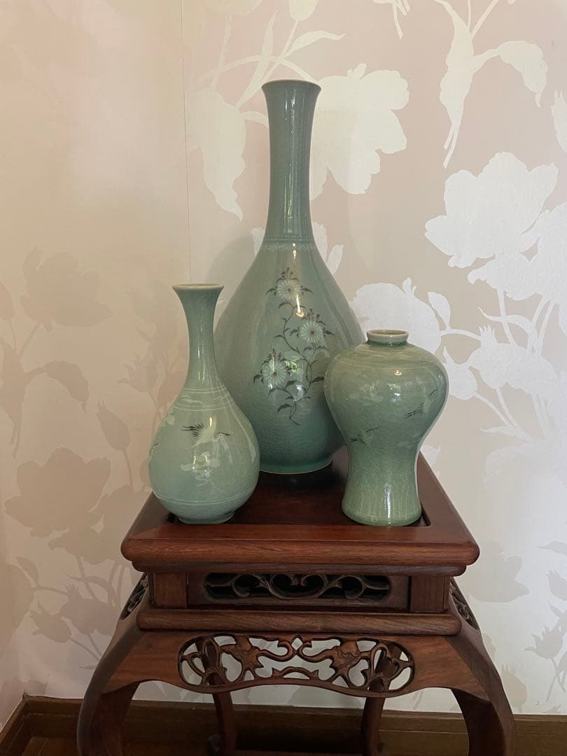 高麗青磁 雲鶴　茶道具　伝統工芸品　峯岩作　華道　高麗青磁　陶器の花瓶3点セット