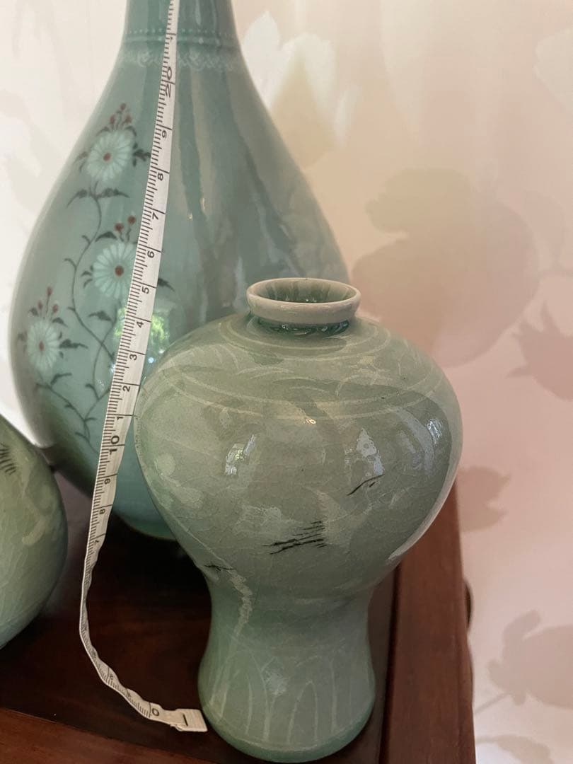 高麗青磁 雲鶴　茶道具　伝統工芸品　峯岩作　華道　高麗青磁　陶器の花瓶3点セット