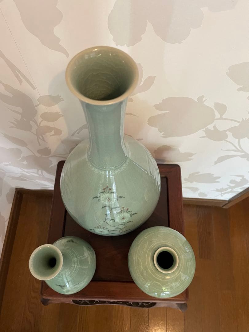 高麗青磁 雲鶴　茶道具　伝統工芸品　峯岩作　華道　高麗青磁　陶器の花瓶3点セット