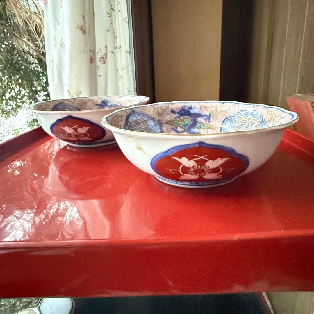 超限定21日20 時迄‼️強運献上大聖寺伊万里Dragon❌牡丹龍靏玉珍玩膾皿2客