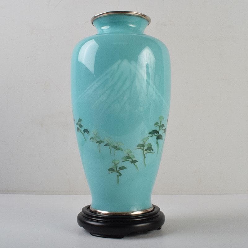 七宝焼　青釉　富士松文　花瓶　唐木台付　共箱　M　R9509