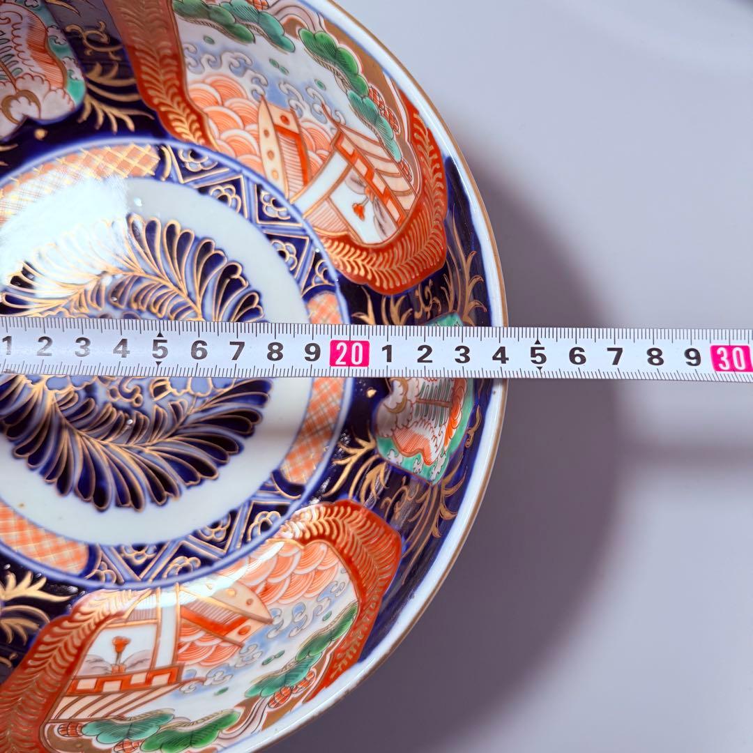 1900年代初頭　錦手　山水図三ツ鉢　箱有　青海波文　舟　二重高台　明治大正期