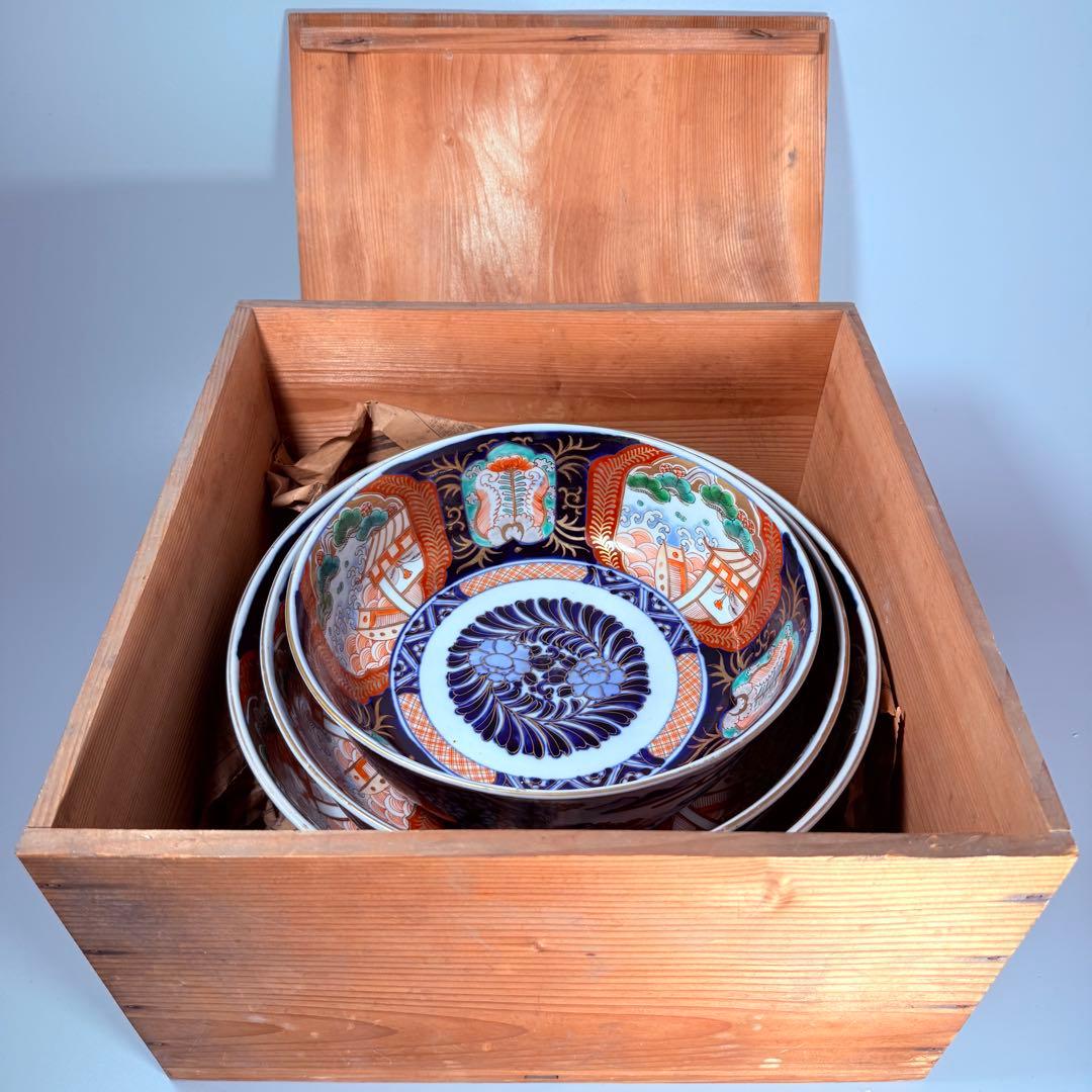 1900年代初頭　錦手　山水図三ツ鉢　箱有　青海波文　舟　二重高台　明治大正期