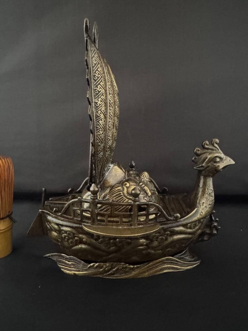 香炉 鳳凰型 宝船 銅製 彫刻 置物 開運 風水 骨董 インテリア　アンティーク