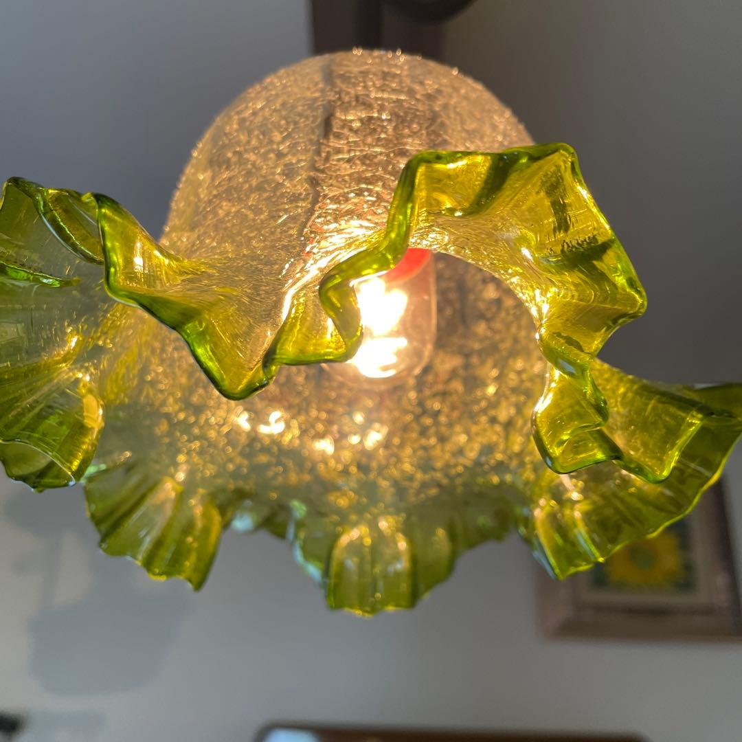 電笠　照明　レトロ　ヨーロッパ【フリル 硝子 電笠】アンティーク ガラス 照明