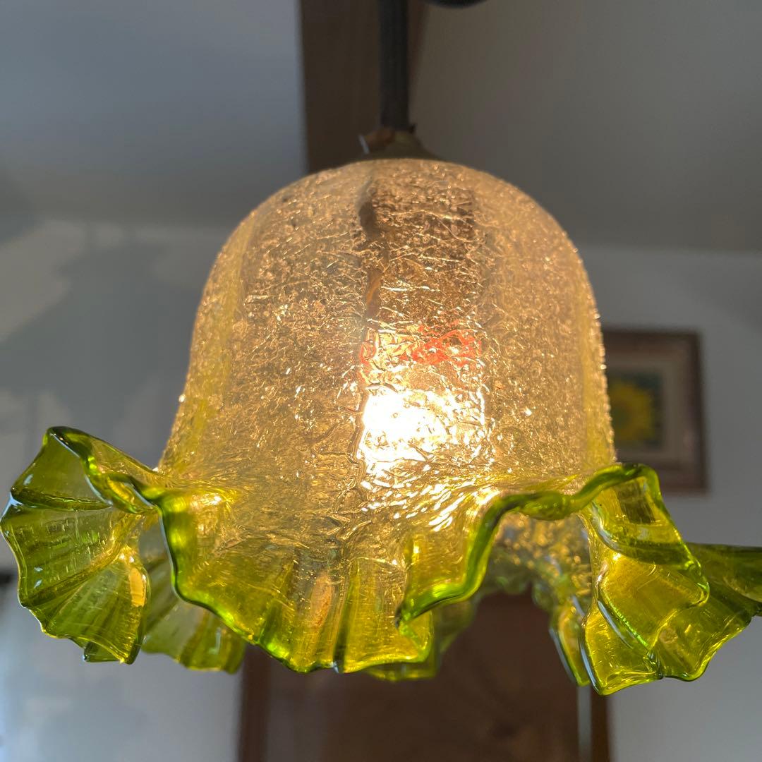 電笠　照明　レトロ　ヨーロッパ【フリル 硝子 電笠】アンティーク ガラス 照明