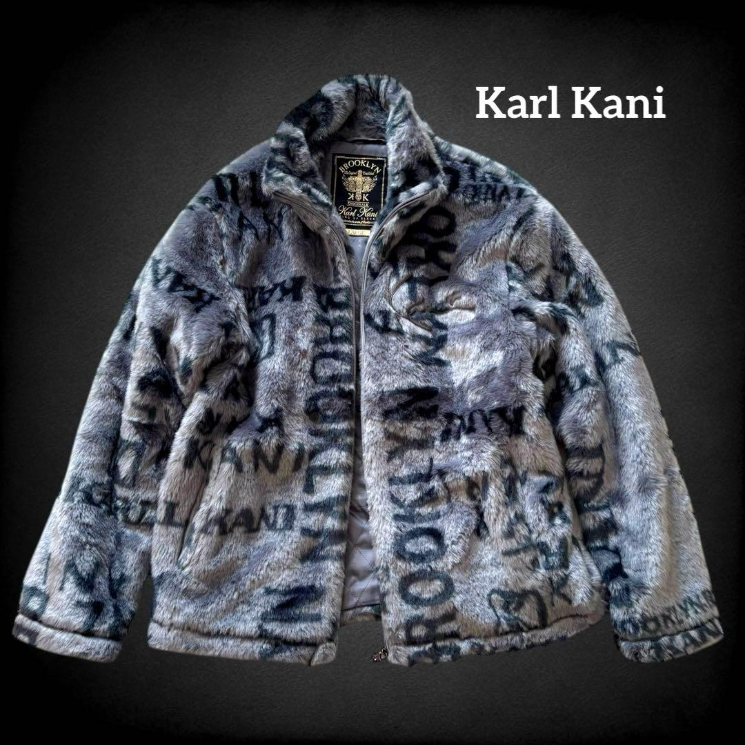 Karl Kani 総柄 ロゴ刺繍 ファーコート ボア L シルバーグレー