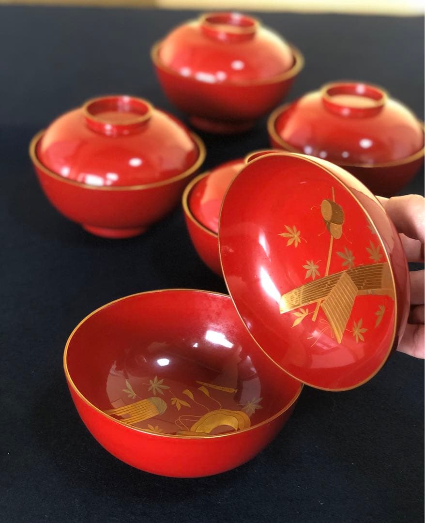 《R》朱塗 金蒔絵 烏帽子和楽器 吸物椀5客 木製漆器　251204お3