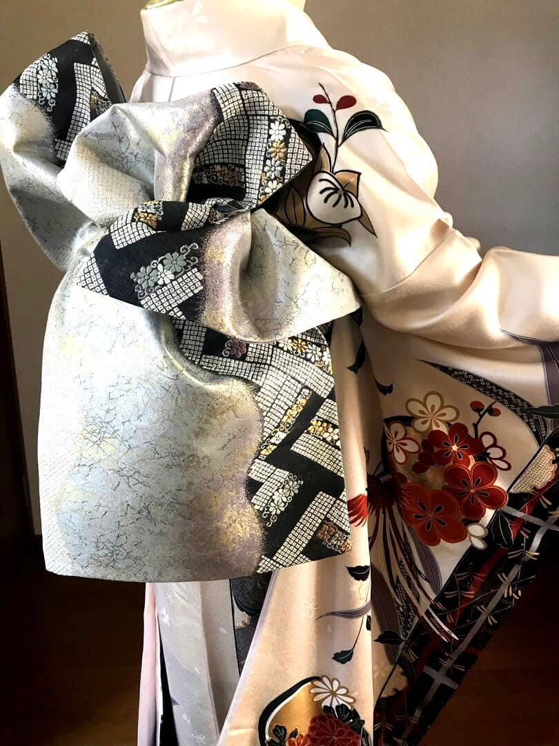 振袖フルセット　正絹　9点 白　伝統祝い花　尾長鶏　シックカッコイイ‼️振袖セット