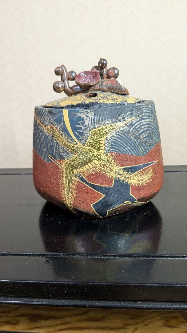【JAPAN】九谷焼　作家作品　谷敷正人　雅彩双鶴紋　香炉