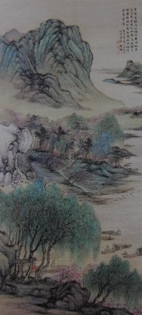 奥原晴湖、【垂楊桃花の図】、希少な額装用画集より、新品額装付、状態良好