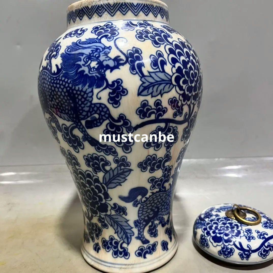 青花纏枝蓮麒麟紋茶蓋缶 景徳鎮 陶磁器 装飾品 現代工芸品 美術品 置物