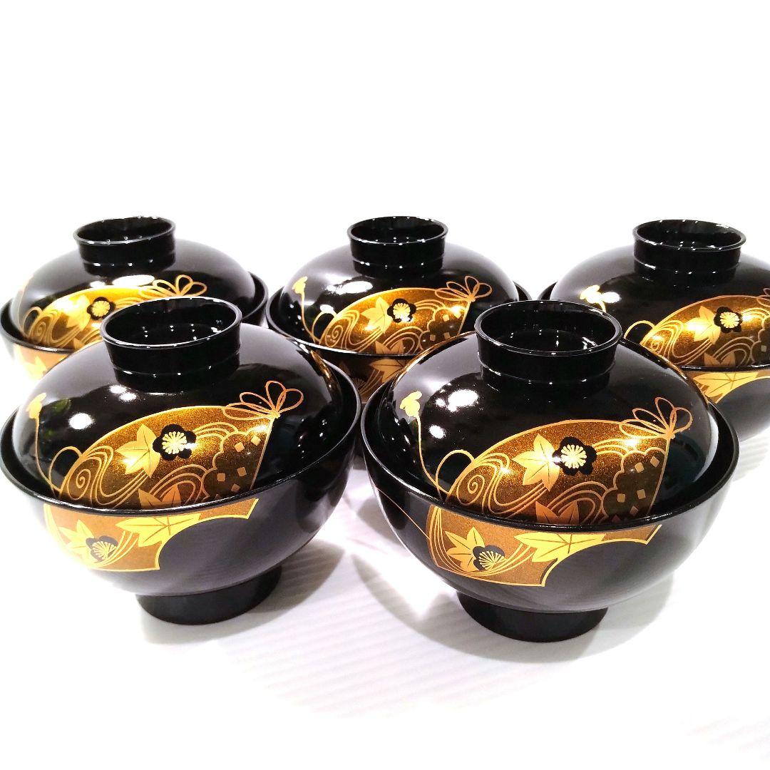 会津塗 漆器 漆 黒塗 扇 蒔絵 吸物椀 汁椀 蓋付き 和食器 黒金 5客揃