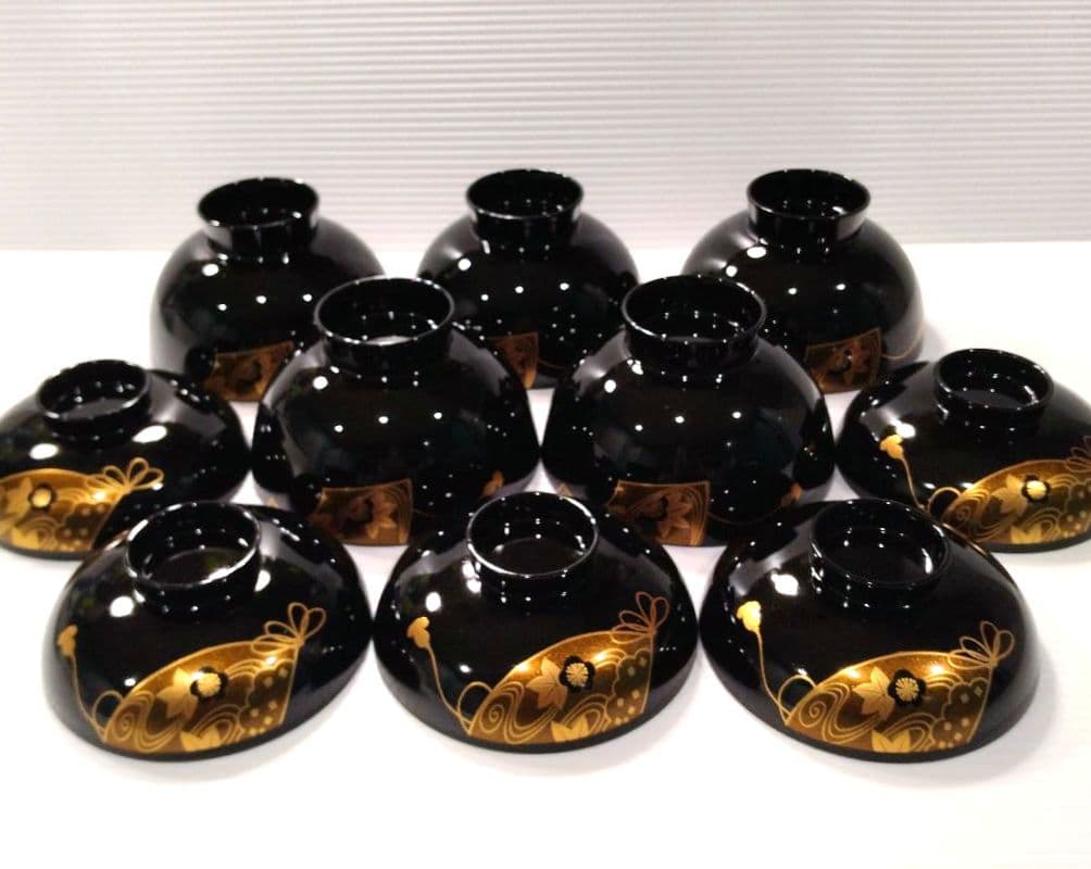 会津塗 漆器 漆 黒塗 扇 蒔絵 吸物椀 汁椀 蓋付き 和食器 黒金 5客揃