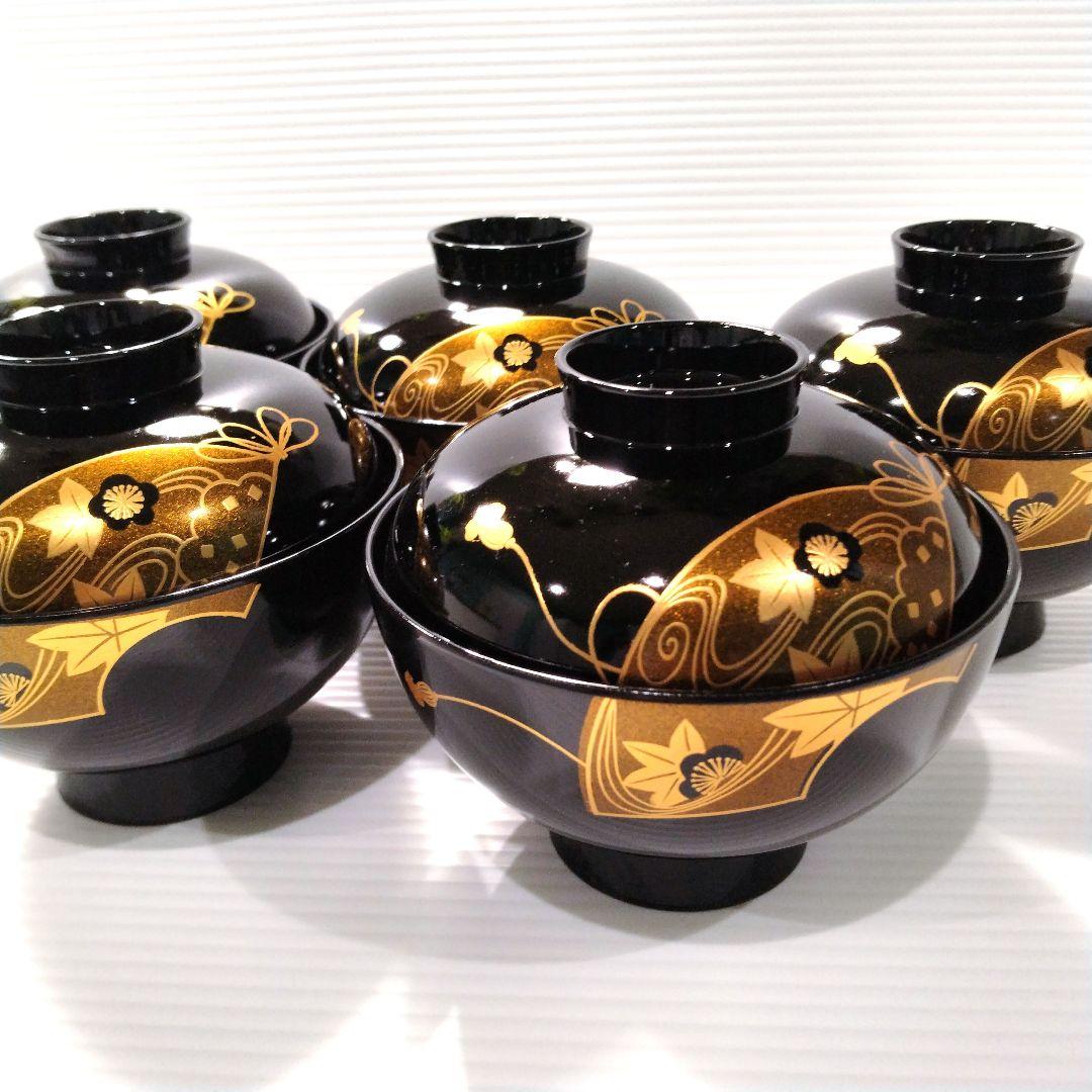 会津塗 漆器 漆 黒塗 扇 蒔絵 吸物椀 汁椀 蓋付き 和食器 黒金 5客揃