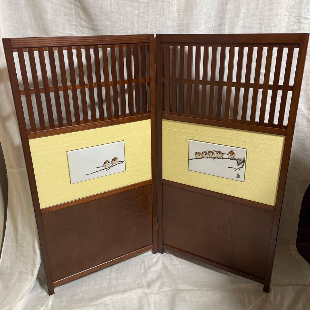 高級衝立　天然木　二曲　雀　九谷焼　二曲九谷屏風