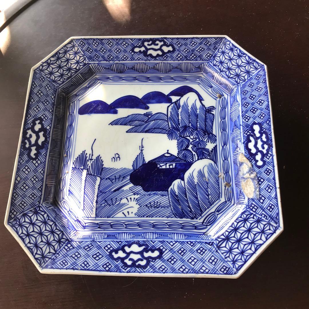 美品　古伊万里　陶器　年代物　盛り皿　角皿　八角絵皿　線画　山水の絵柄が素敵な