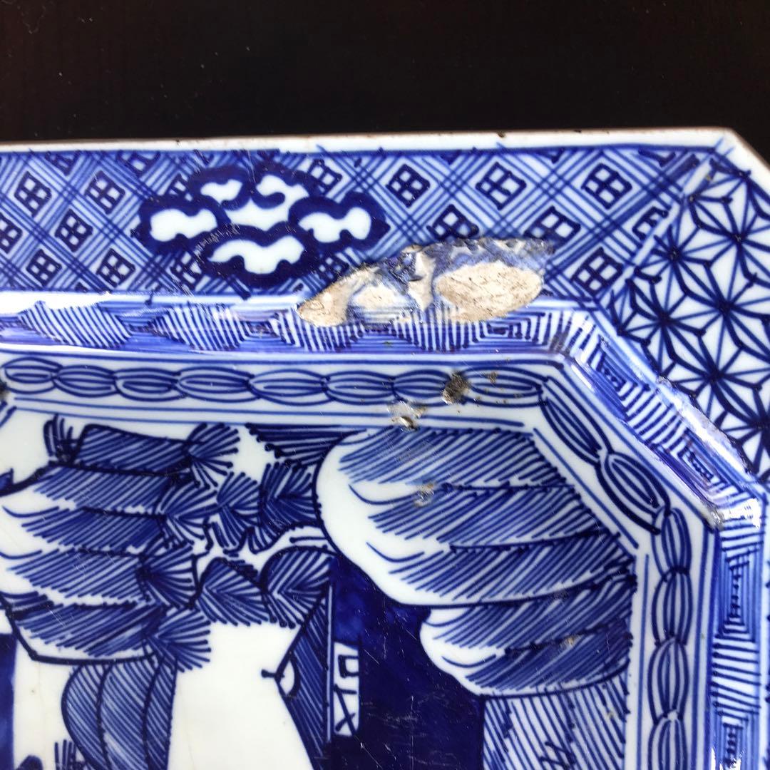 美品　古伊万里　陶器　年代物　盛り皿　角皿　八角絵皿　線画　山水の絵柄が素敵な