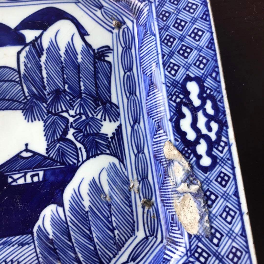 美品　古伊万里　陶器　年代物　盛り皿　角皿　八角絵皿　線画　山水の絵柄が素敵な