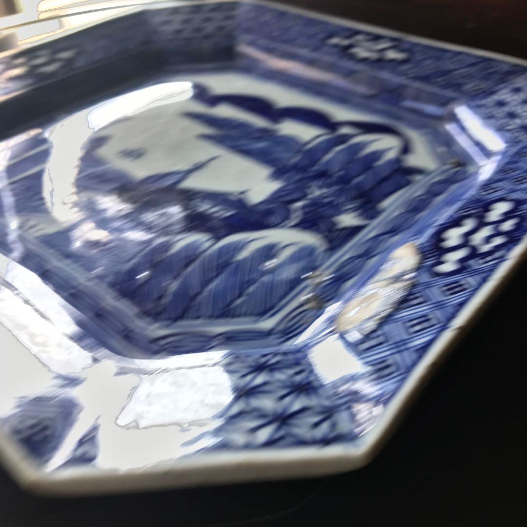 美品　古伊万里　陶器　年代物　盛り皿　角皿　八角絵皿　線画　山水の絵柄が素敵な