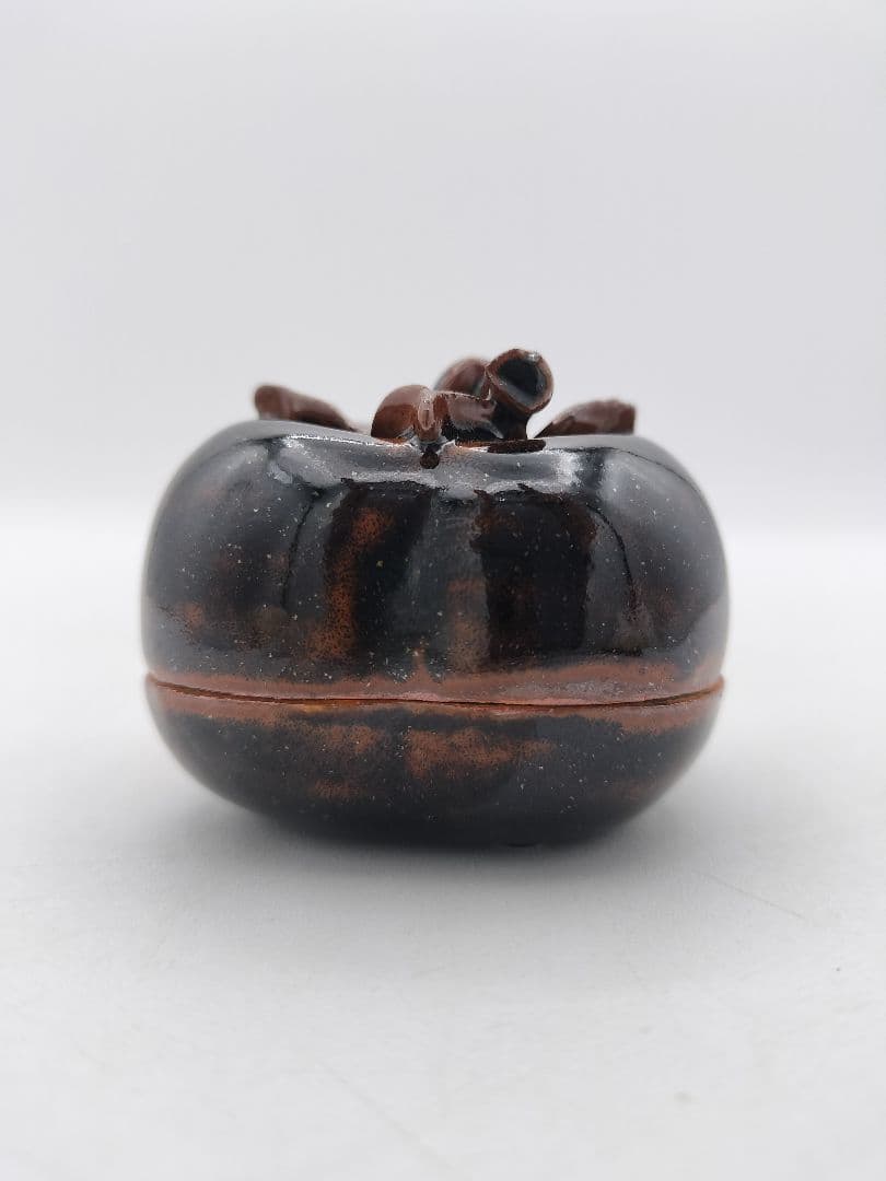 c584 香合 利休所持写 柿 鉄釉 陶若窯 能勢善光 木箱 茶道具 古物