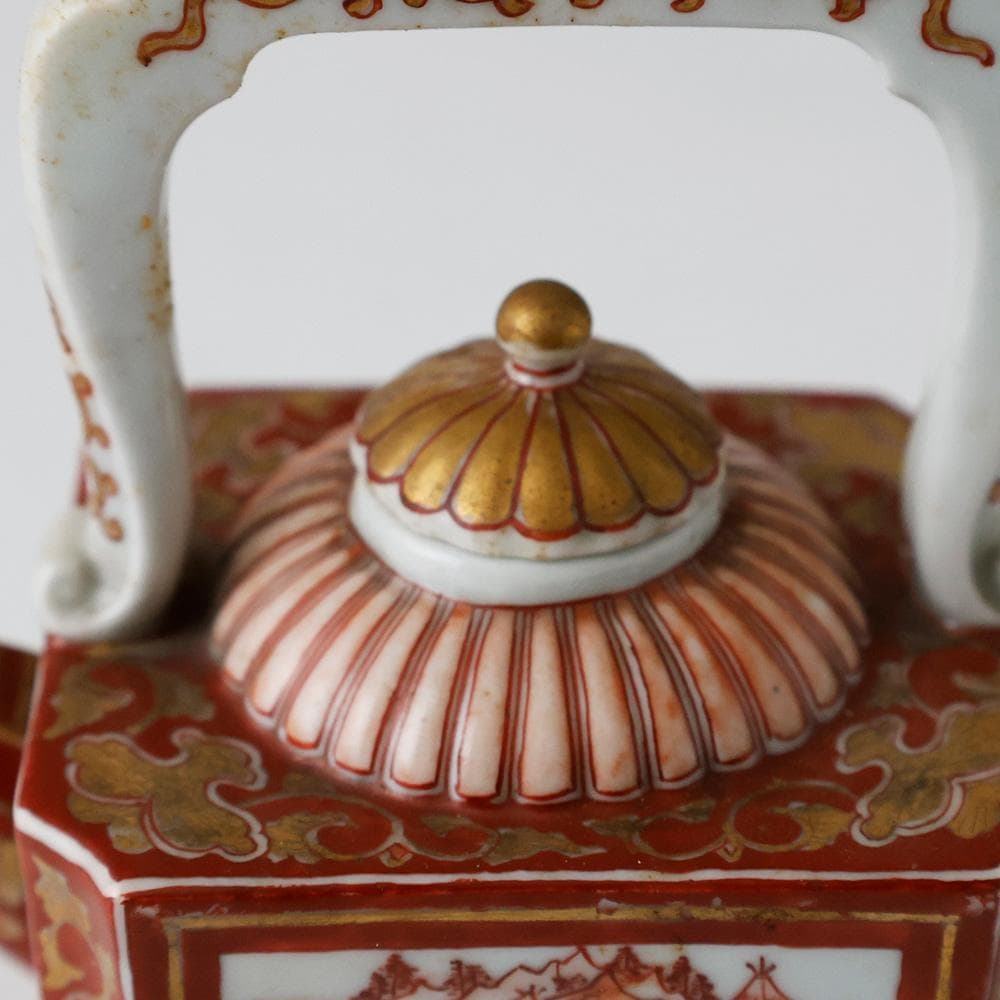 時代年代物 九谷焼 赤絵金彩唐草楼閣図 水注 酒器 煎茶器