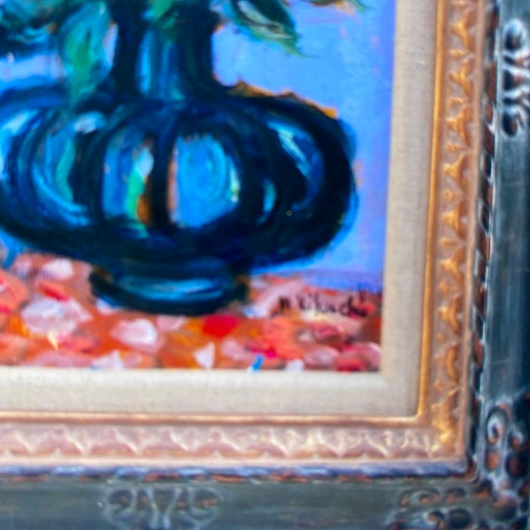 絵画　油絵　油彩画F4 「バラ一輪」額付き　美品　芸術　原画　手描き　サイン入り