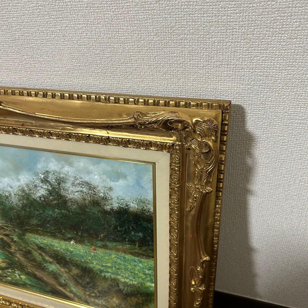 能仲ヤツヲ　油彩 10号 「のどかな日」　油絵 額装 風景画 油彩画 インテリア