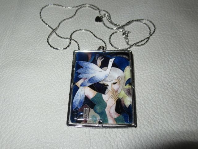 定価10万◆東郷青児 美人図 七宝焼き シルバー製チェーンのブローチとネックレス