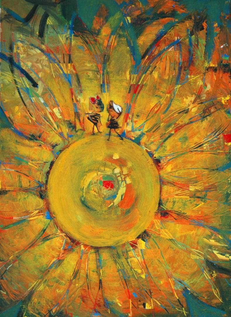 油絵 菅家令子 絵 絵画インテリア額付(黒) F4-051120 女の子ひまわり