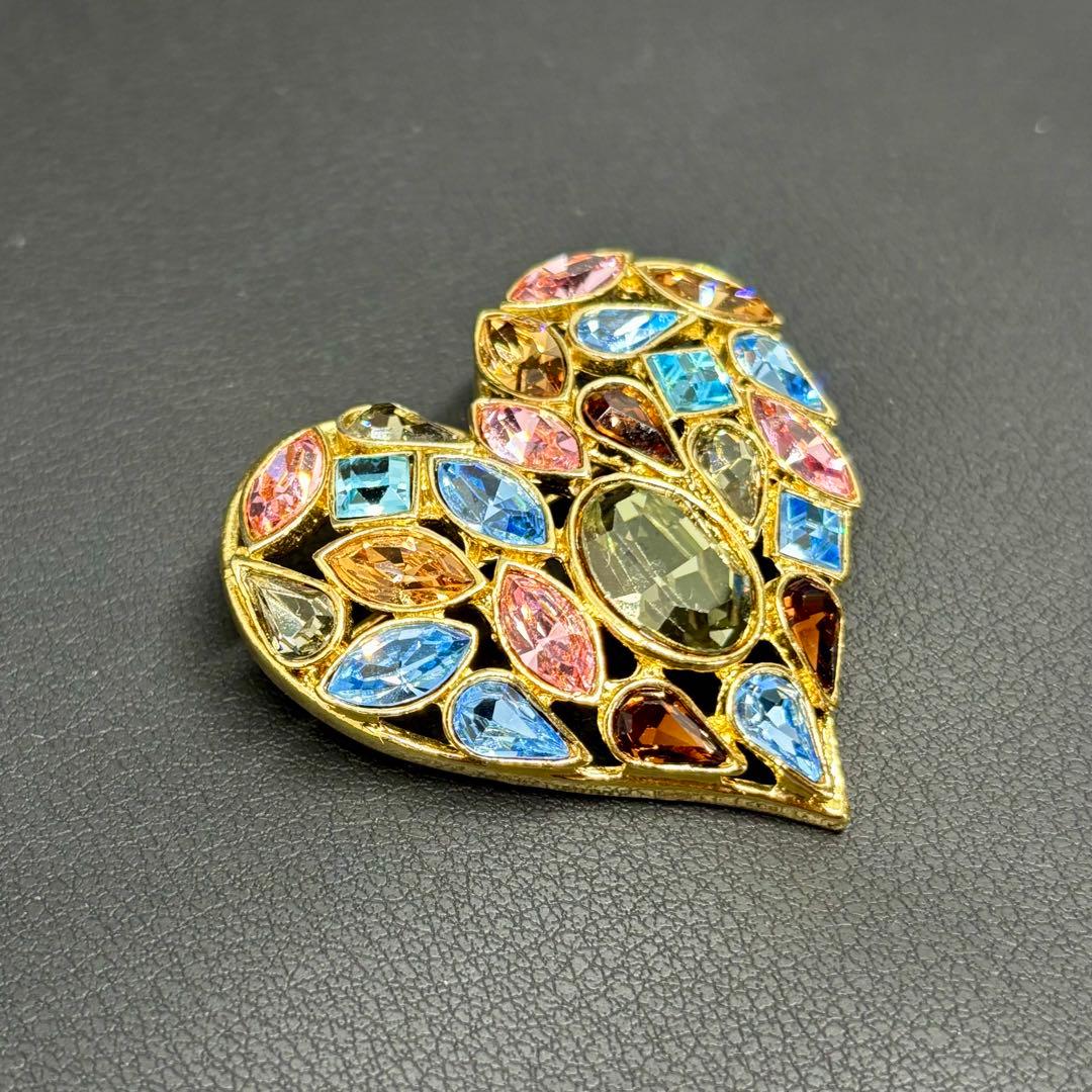 【希少】【美品】【イヴ・サンローラン】ハート カラーストーン ビジュー ブローチ