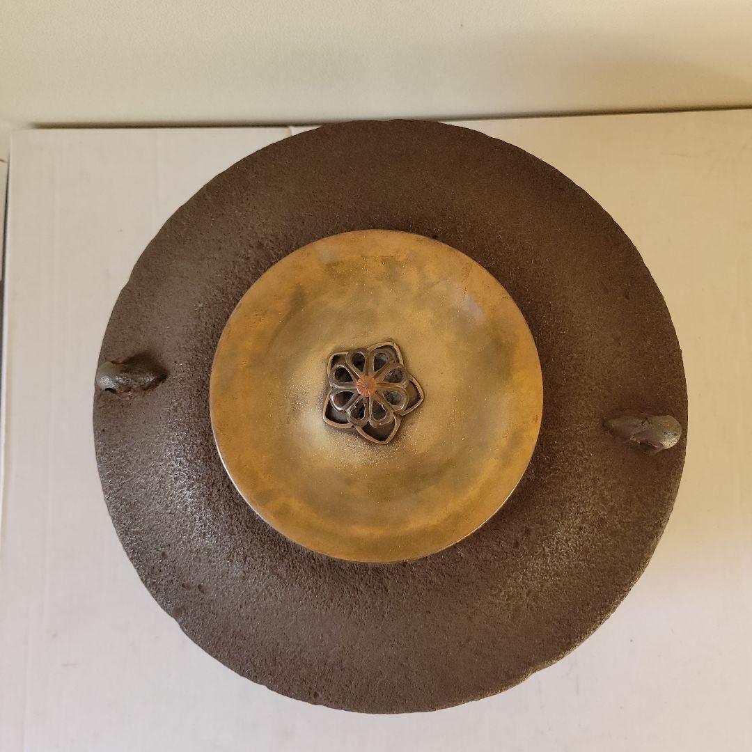 鉄製 茶釜 金属の蓋 花模様