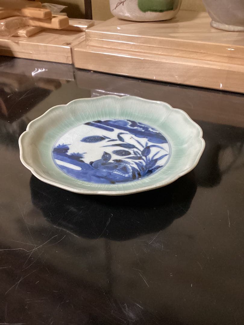 江戸初期青磁染付図皿　古伊万里コレクション買取出品　時代物