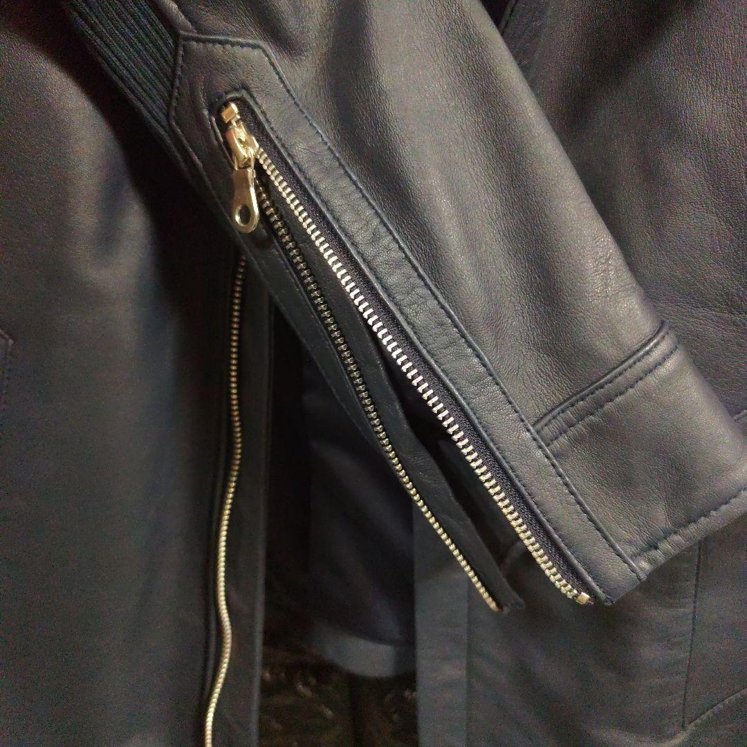 新品未使用品ノーアイディー濃紺ラムレザーライダースフード付きジャケット完売品