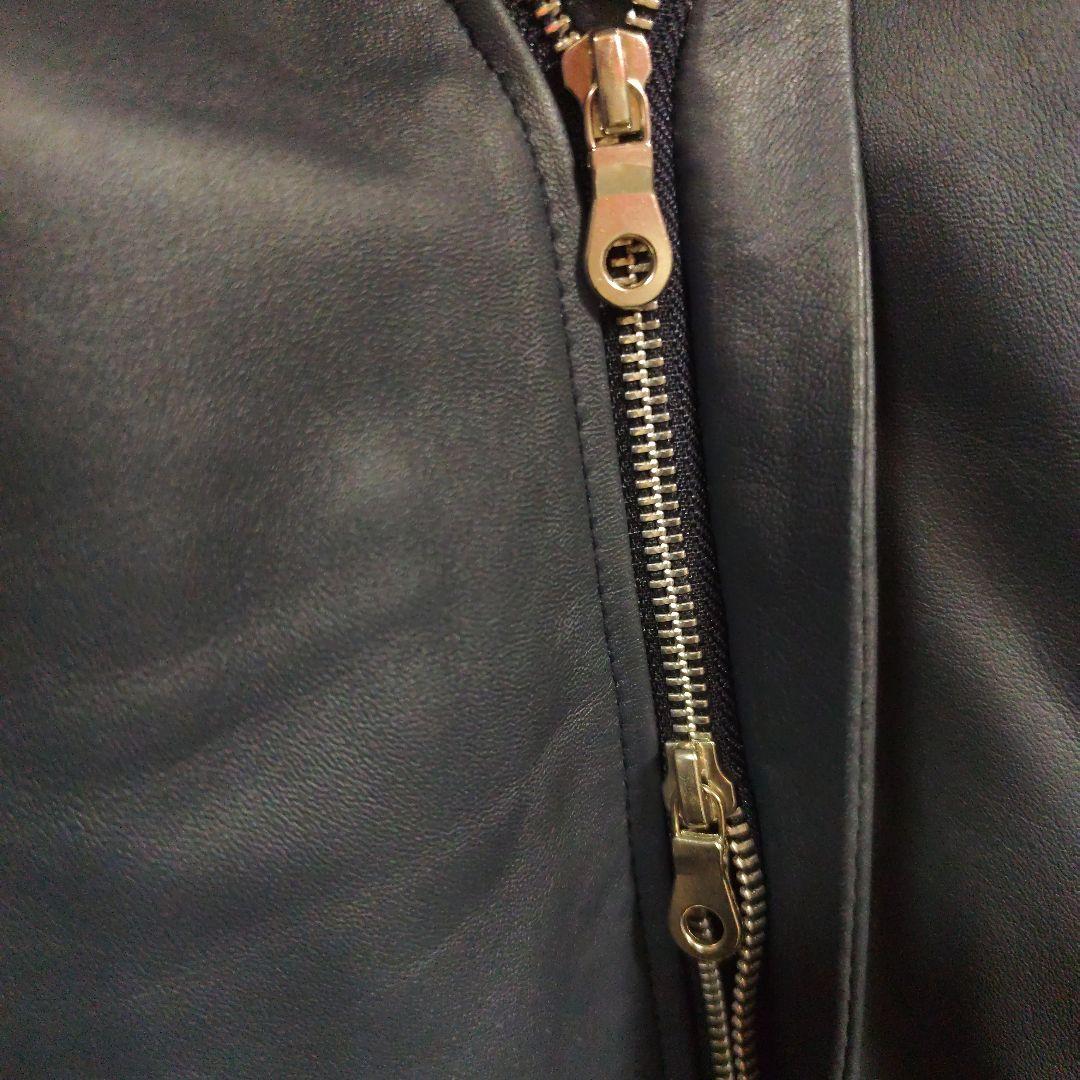 新品未使用品ノーアイディー濃紺ラムレザーライダースフード付きジャケット完売品