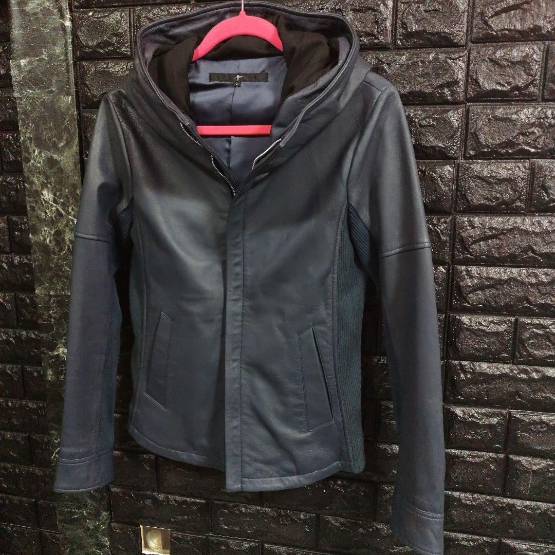 新品未使用品ノーアイディー濃紺ラムレザーライダースフード付きジャケット完売品