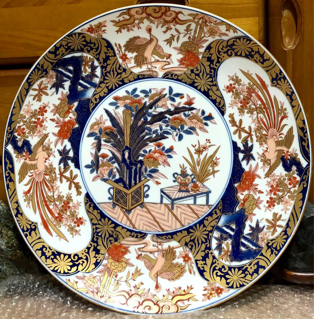 弥左衛門 古伊万里有田焼 金彩 鳳凰 鶴 飾り皿 壁掛け穴有り 特大皿 鑑賞陶器