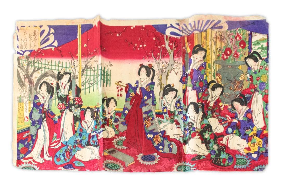 M▽歌川周重 亀井戸梅やしき御遊覧の図 木版画 美人画 浮世絵 錦絵 (063)