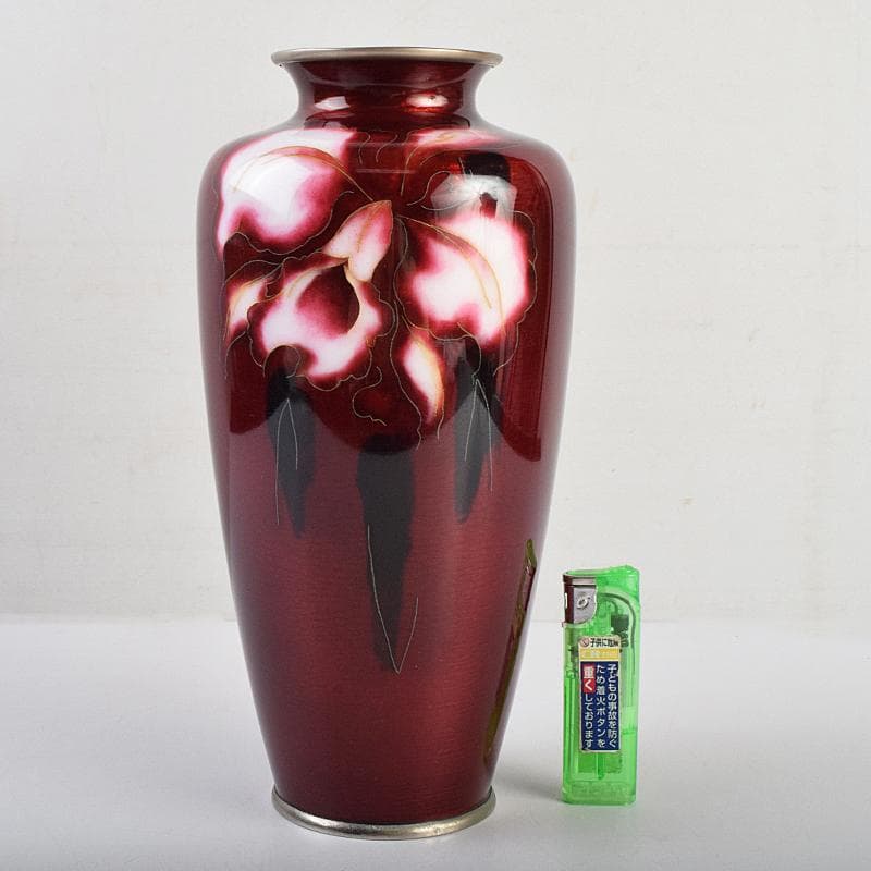 七宝焼　安藤七宝店　赤透釉　カトレア文　花瓶　C　R9409