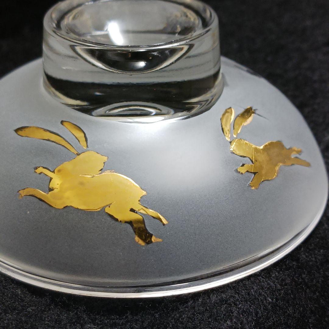 Y3279-3 ガラス製 金彩ウサギ文 蓋付碗 ガラス碗 2客セット