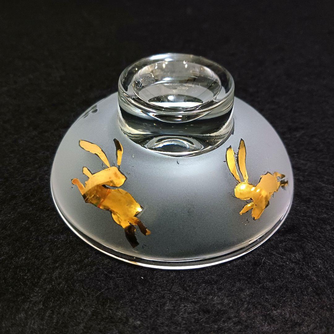 Y3279-3 ガラス製 金彩ウサギ文 蓋付碗 ガラス碗 2客セット