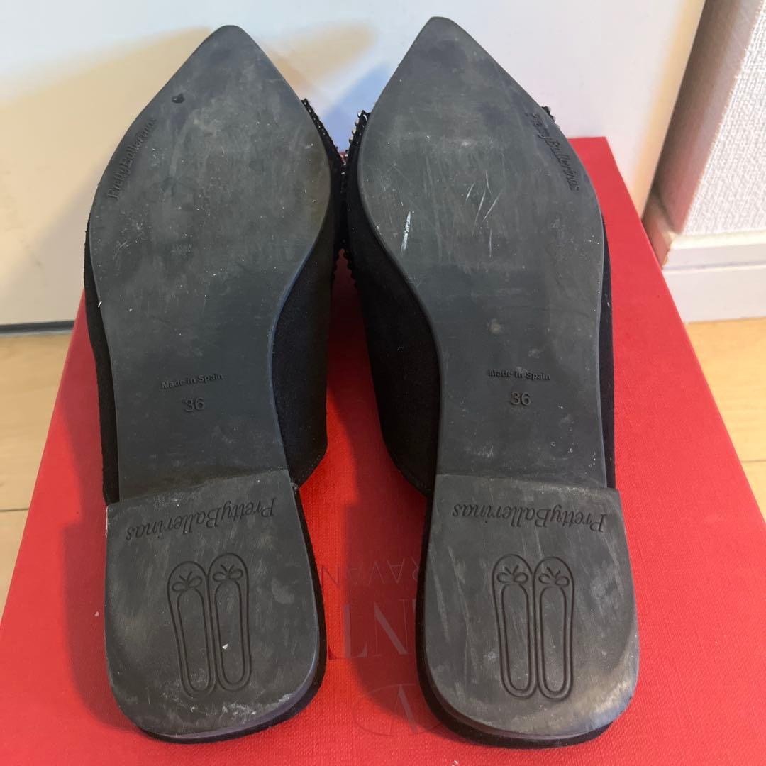 スタッズリボン付きブラックミュール 36