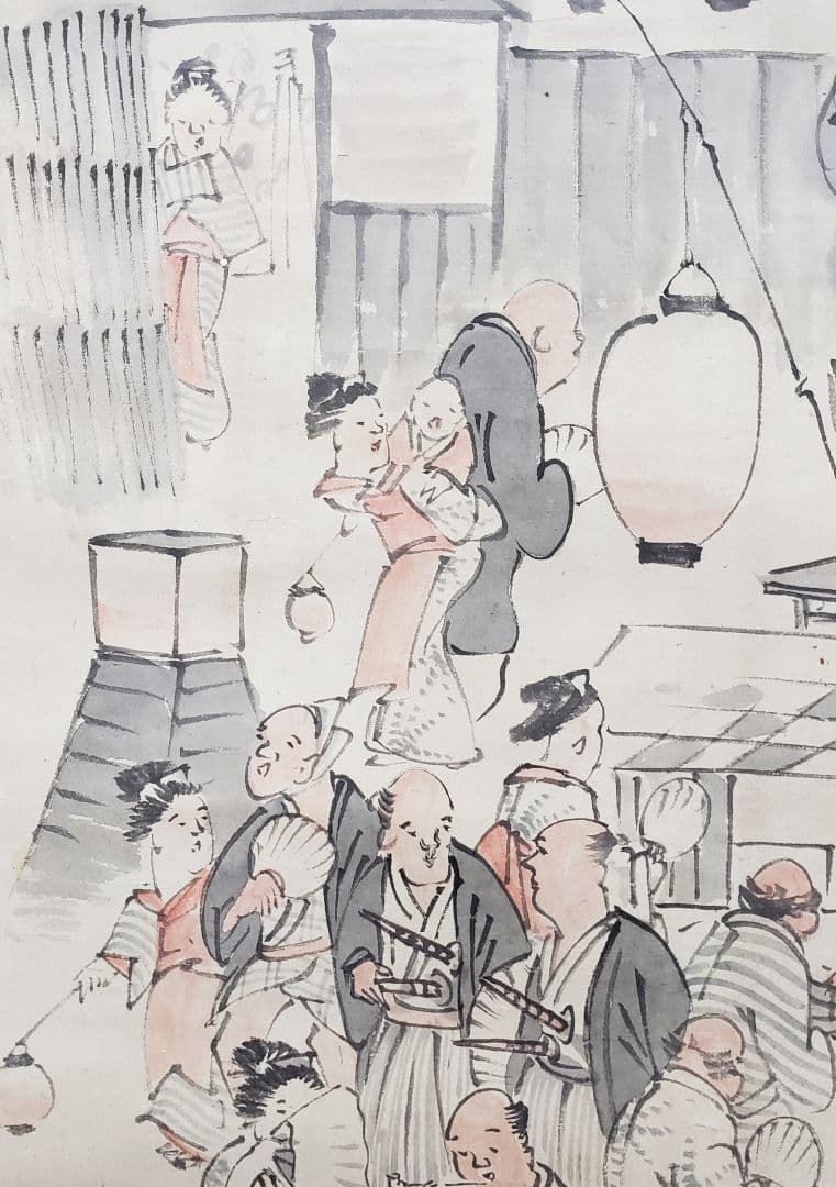 【河原夕涼み図】奥村石蘭 703 京都鴨川 四条納涼　掛け軸　肉筆